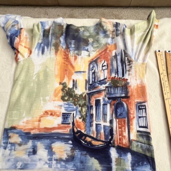 Artsy Beaded Sparkles Boho Romantic Italian Venice Scenic V-neck Top Size L - Picture 5 of 5